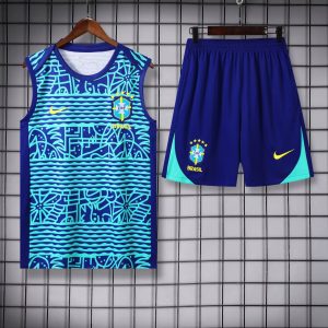 2024 Brazil Pre-match Training Blue Pattern Jersey+Shorts 1:1 Thai Quality