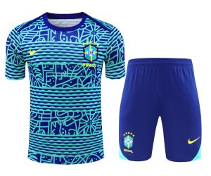 2024 Brazil Pre-match Training Blue Pattern Shirt+Shorts 1:1 Thai Quality