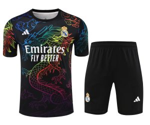 2024/2025 Real Madrid Pre-match Training Wear Black Dragon Shirt+Shorts 1:1 Thai Quality